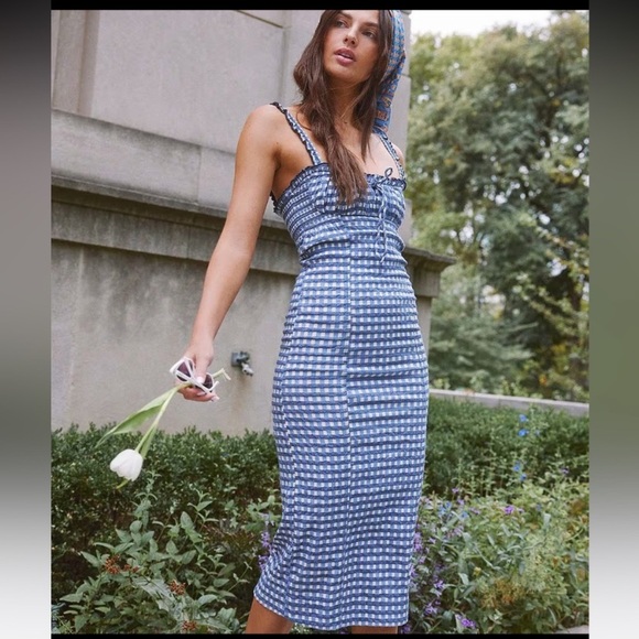 Free People Lucinda Plaid Midi Dress Size XS Square Neck Pleated - Picture 3 of 16